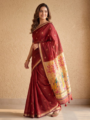 Peachmode Red Jamdani Butta Cotton Saree With Peacock Tree Tissue Pallu And Zari Border - Image 2