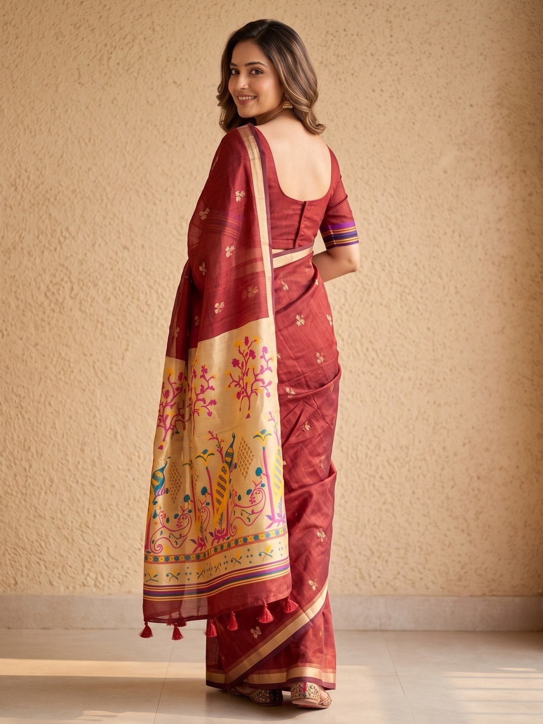 Peachmode Red Jamdani Butta Cotton Saree With Peacock Tree Tissue Pallu And Zari Border - Image 4