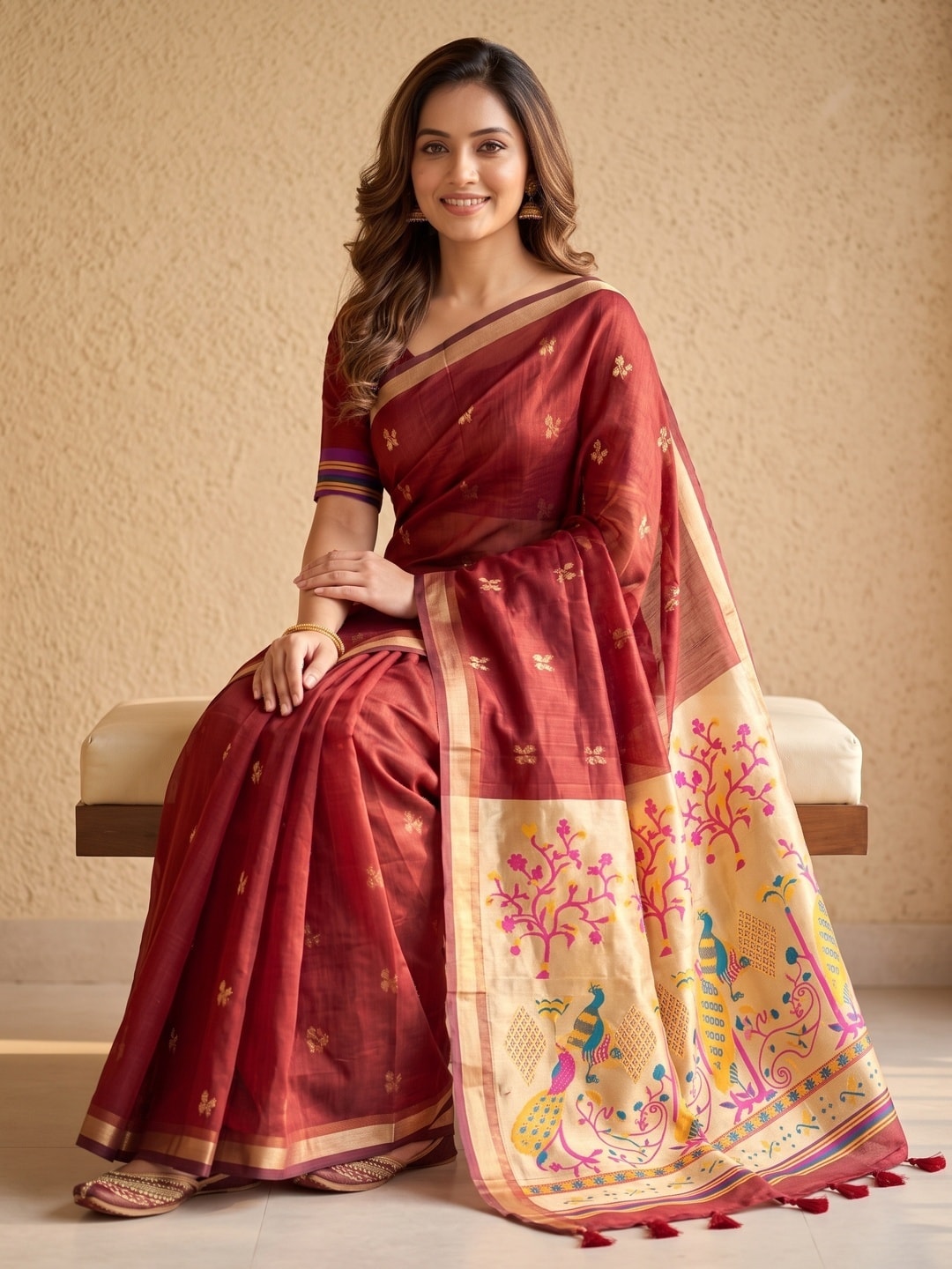 Peachmode Red Jamdani Butta Cotton Saree With Peacock Tree Tissue Pallu And Zari Border - Image 5