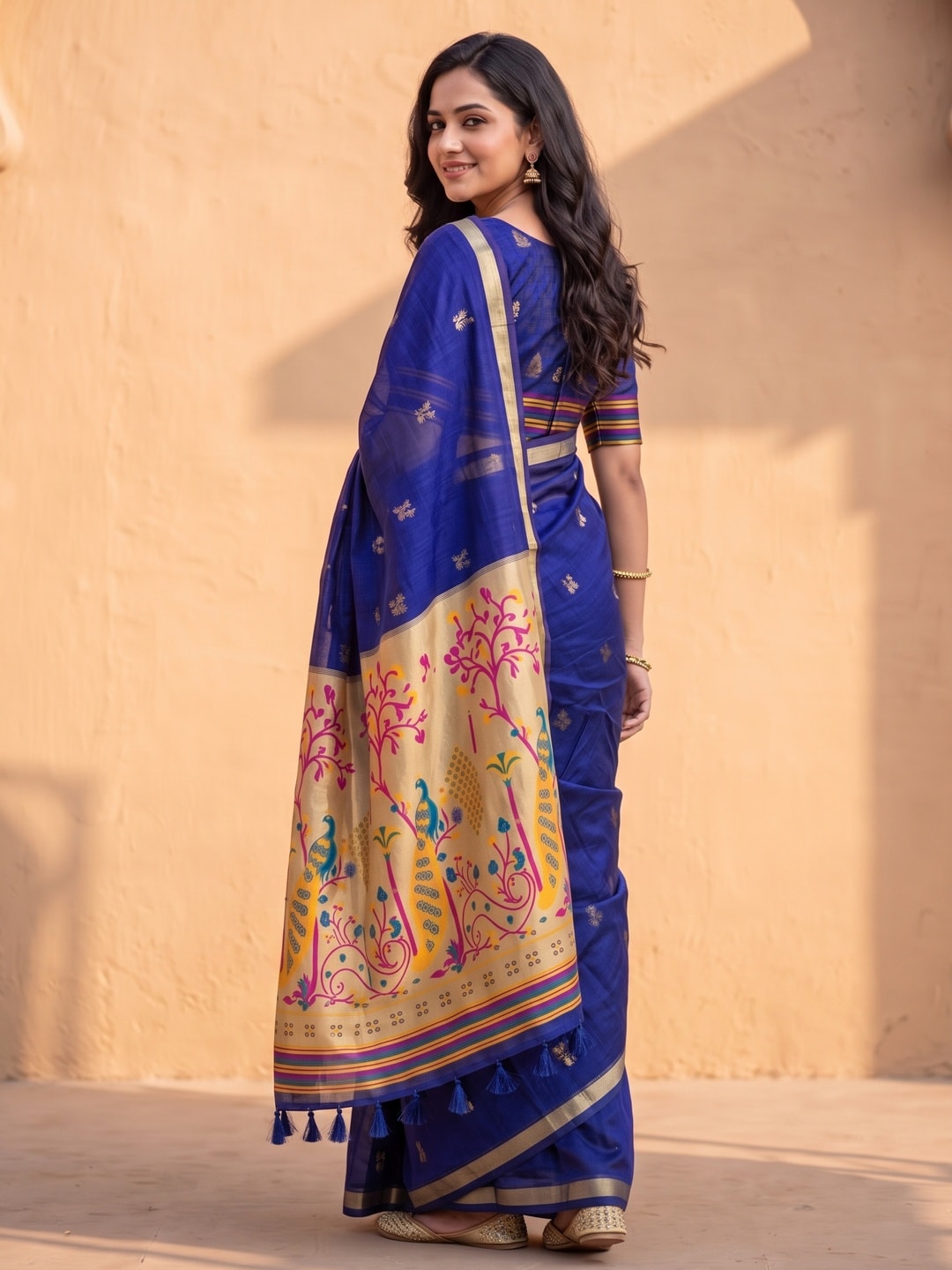 Peachmode Royal Blue Jamdani Butta Cotton Saree With Peacock Tree Tissue Pallu And Zari Border - Image 4