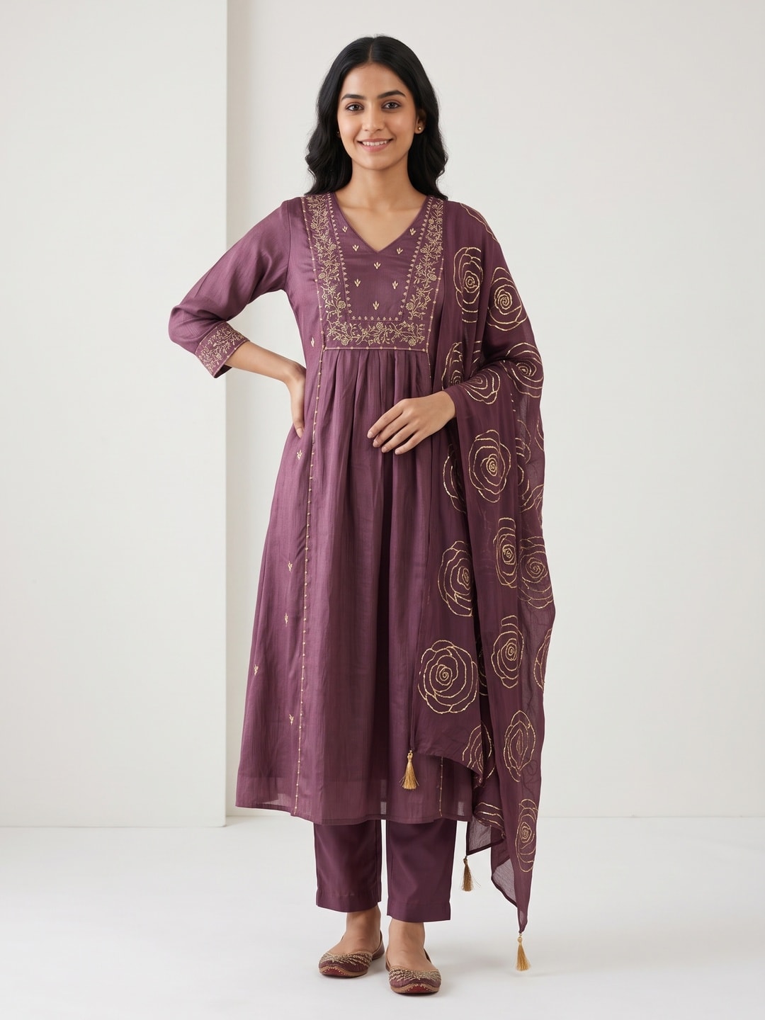 Peachmode Wine Chinon Blend Anarkali Salwar Suit with Gold Embroidery - Image 1