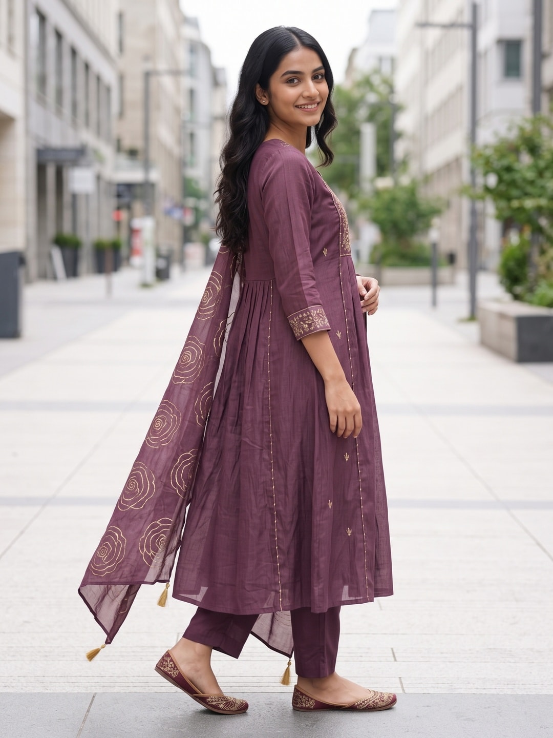 Peachmode Wine Chinon Blend Anarkali Salwar Suit with Gold Embroidery - Image 3