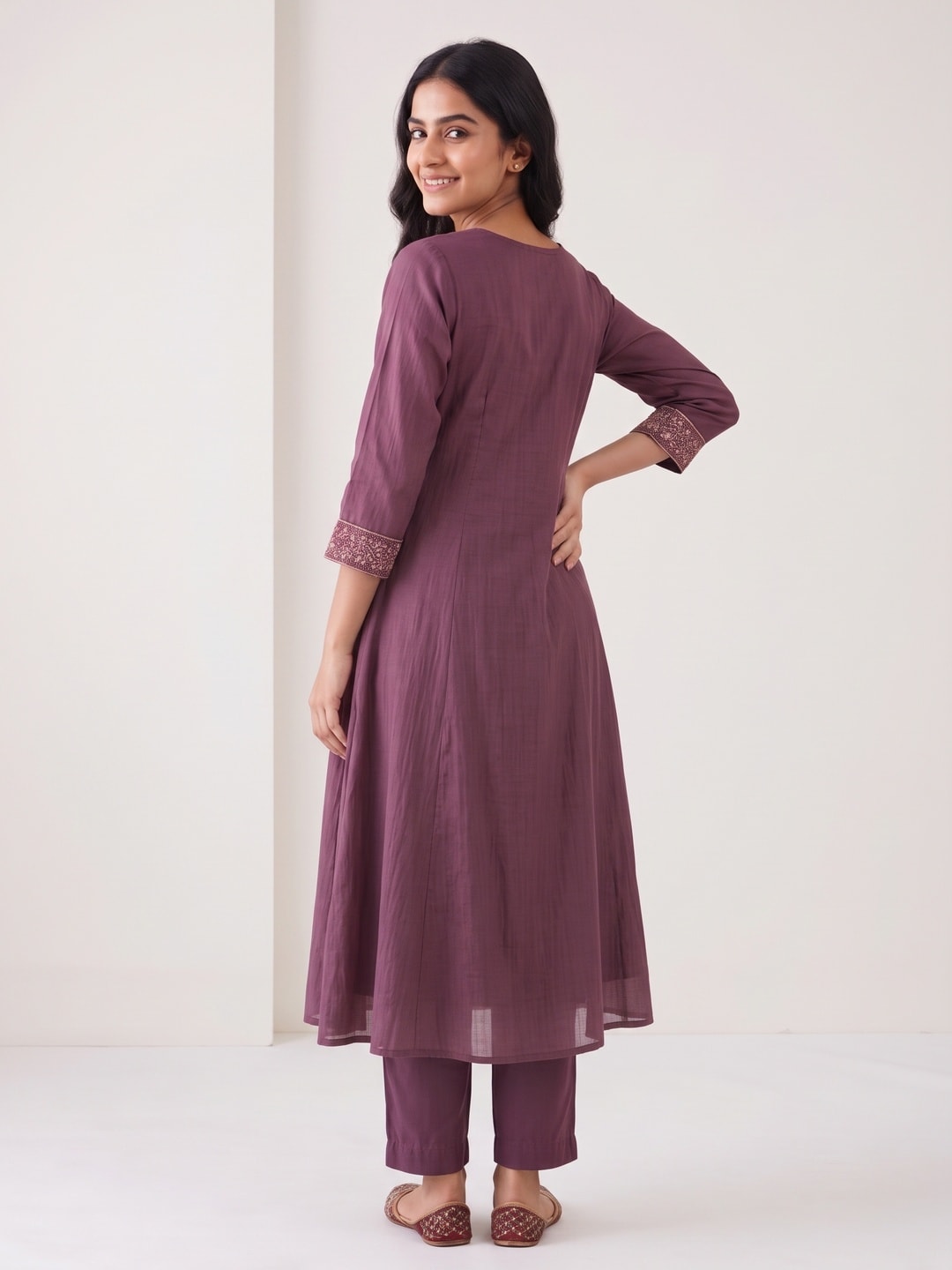 Peachmode Wine Chinon Blend Anarkali Salwar Suit with Gold Embroidery - Image 4