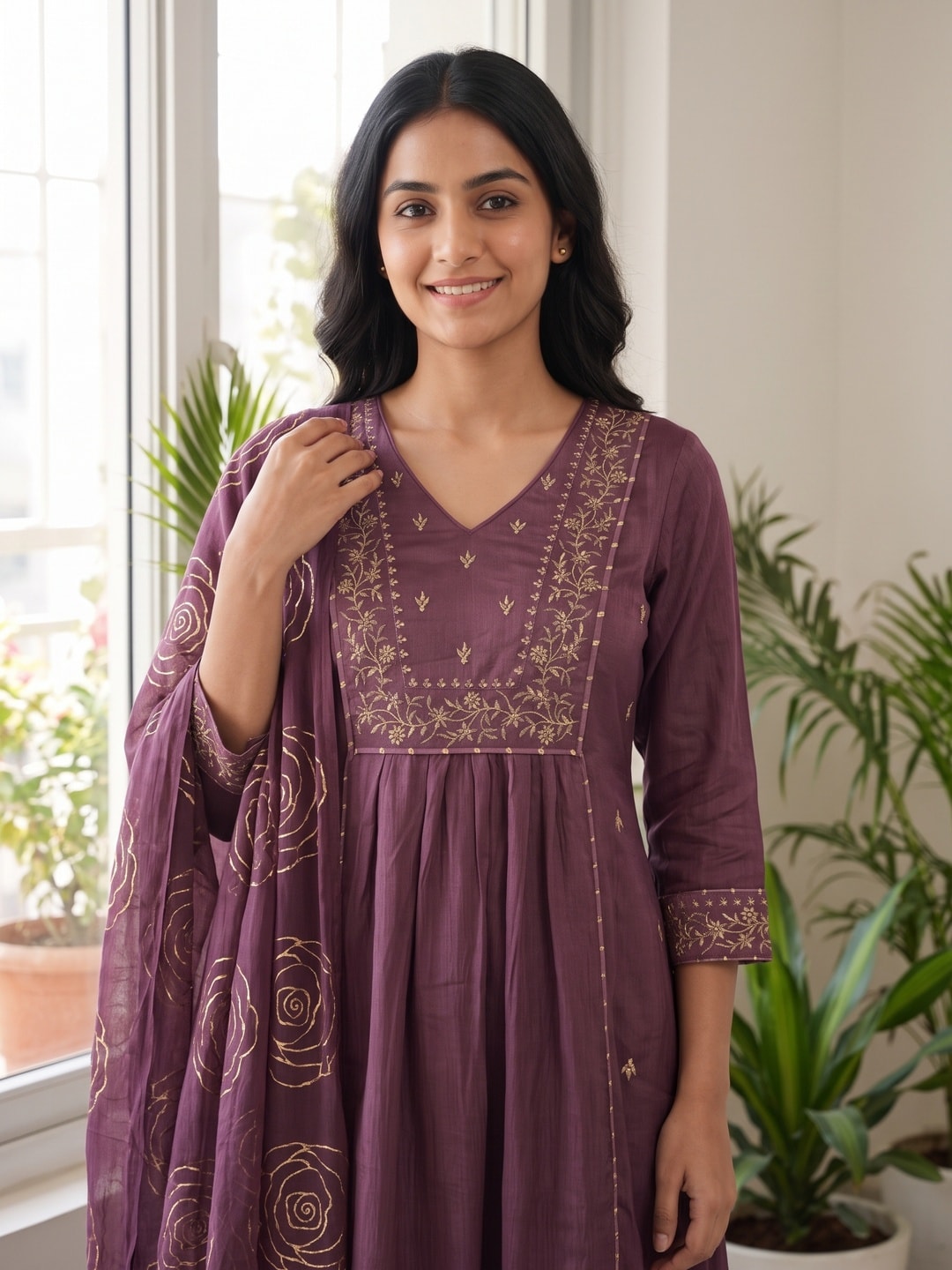 Peachmode Wine Chinon Blend Anarkali Salwar Suit with Gold Embroidery - Image 5