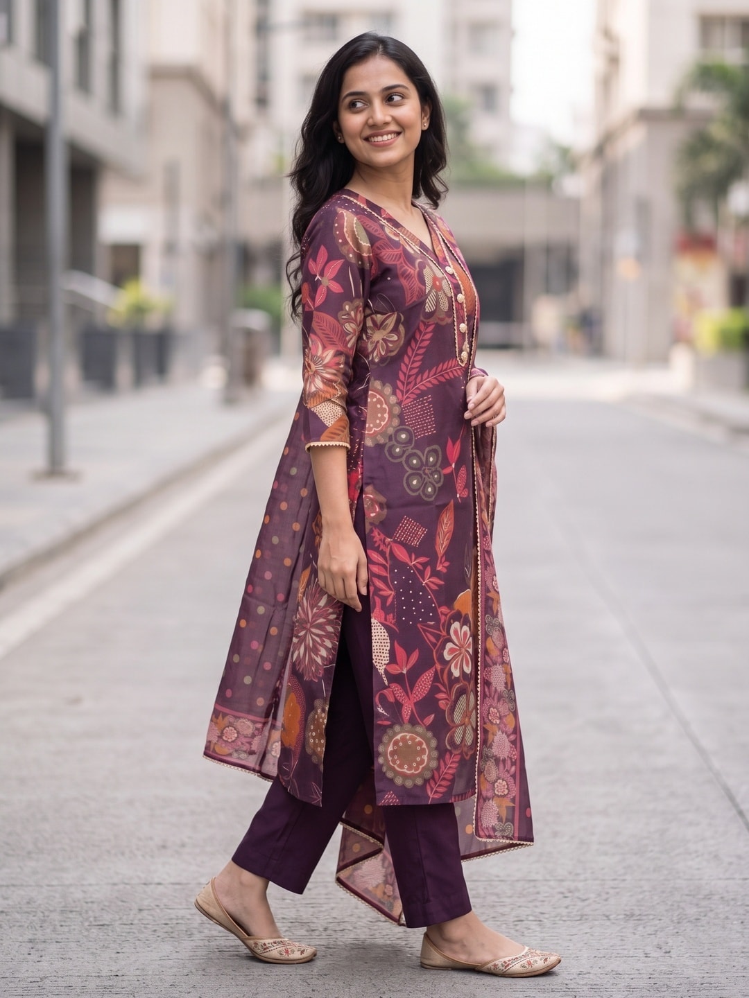 Peachmode Purple Chanderi Silk Floral Print Salwar Suit - Image 3