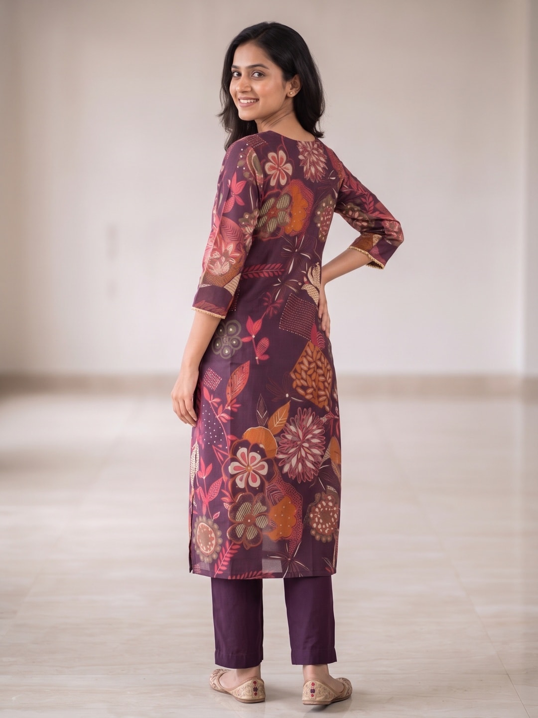 Peachmode Purple Chanderi Silk Floral Print Salwar Suit - Image 4