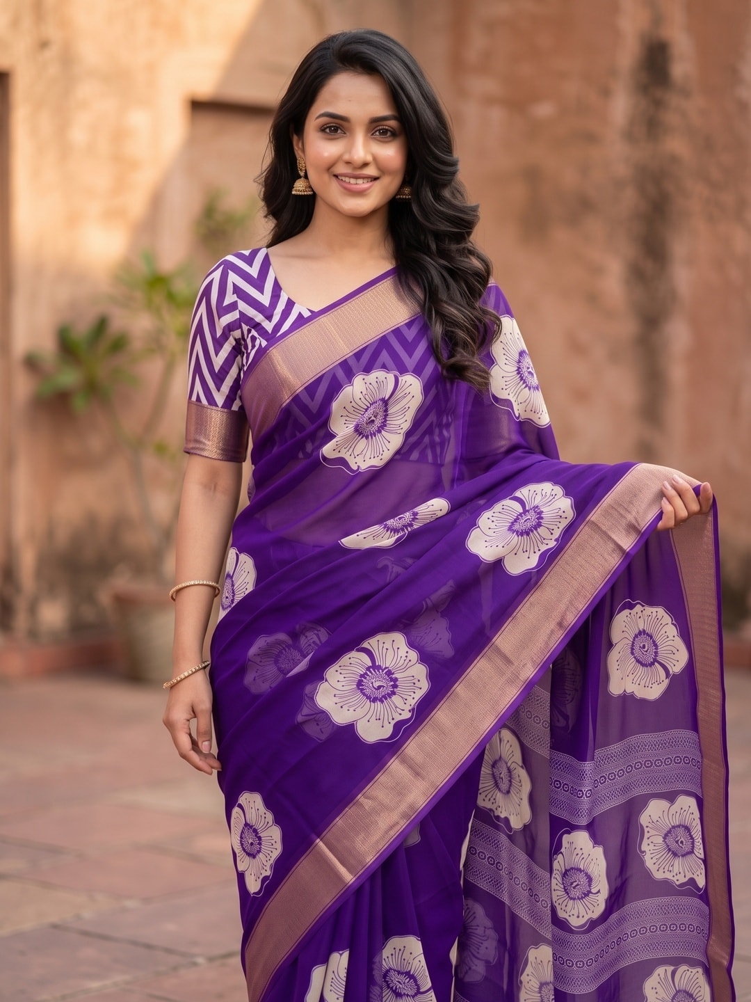 Peachmode Purple Floral Moss Georgette Digital Printed Saree With Zari Border - Image 3