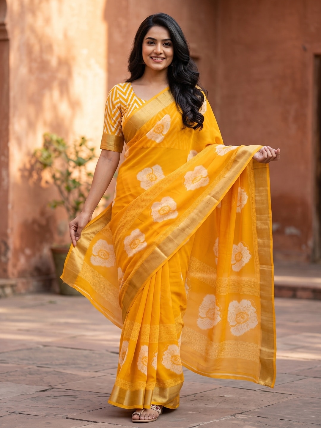 Peachmode Mustard Floral Moss Georgette Digital Printed Saree With Zari Border - Image 1