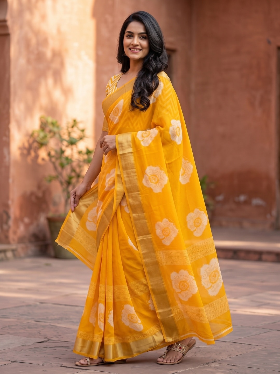 Peachmode Mustard Floral Moss Georgette Digital Printed Saree With Zari Border - Image 2