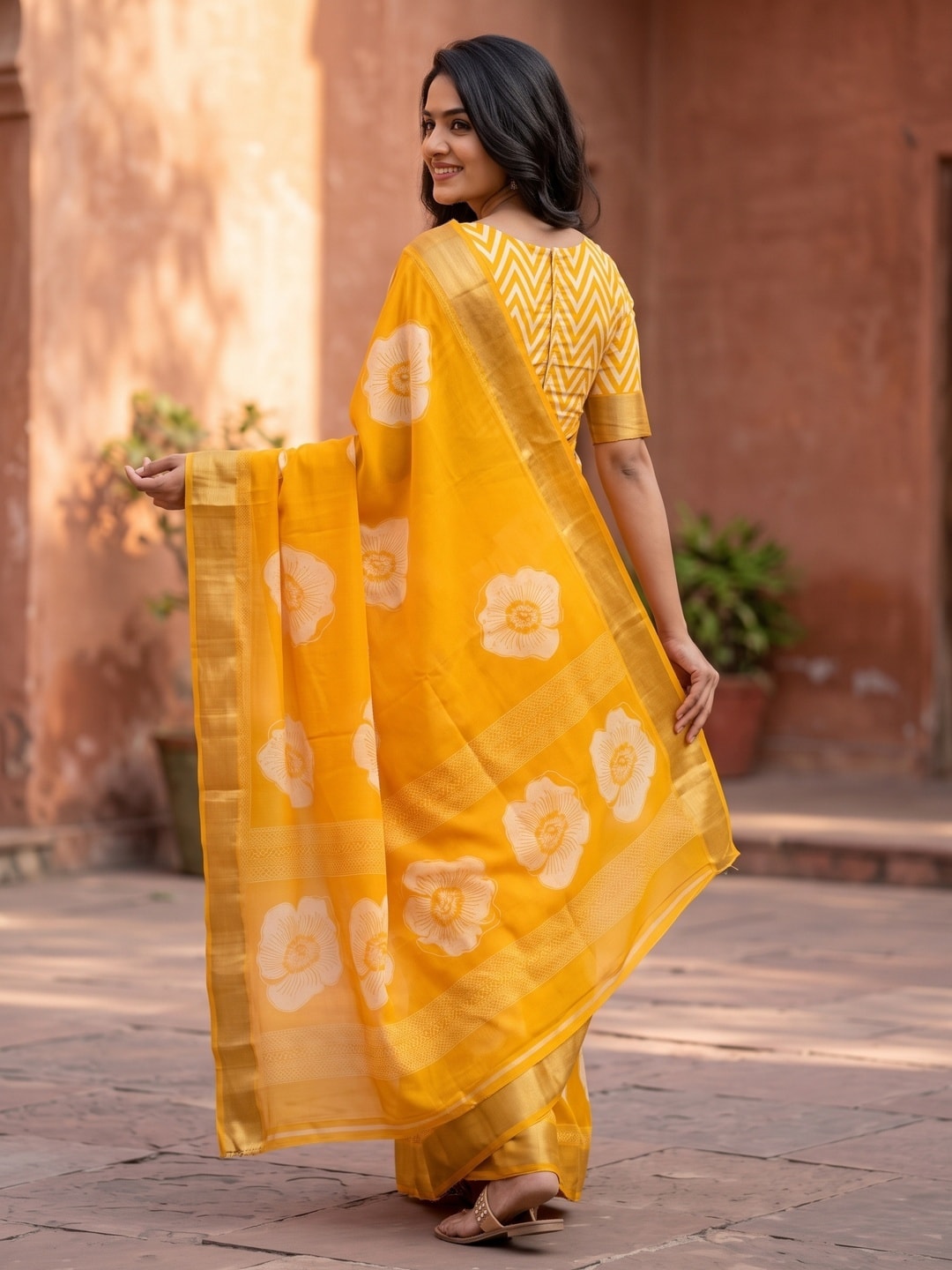 Peachmode Mustard Floral Moss Georgette Digital Printed Saree With Zari Border - Image 4