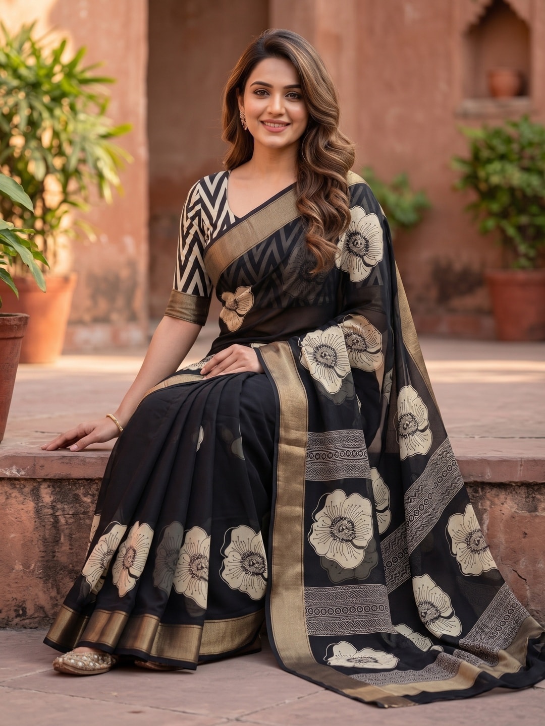 Peachmode Black Floral Moss Georgette Digital Printed Saree With Zari Border - Image 5