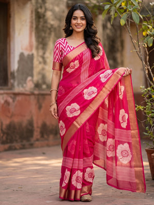 Peachmode Rani Pink Floral Moss Georgette Digital Printed Saree With Zari Border - Image 1