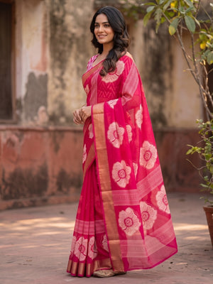 Peachmode Rani Pink Floral Moss Georgette Digital Printed Saree With Zari Border - Image 2