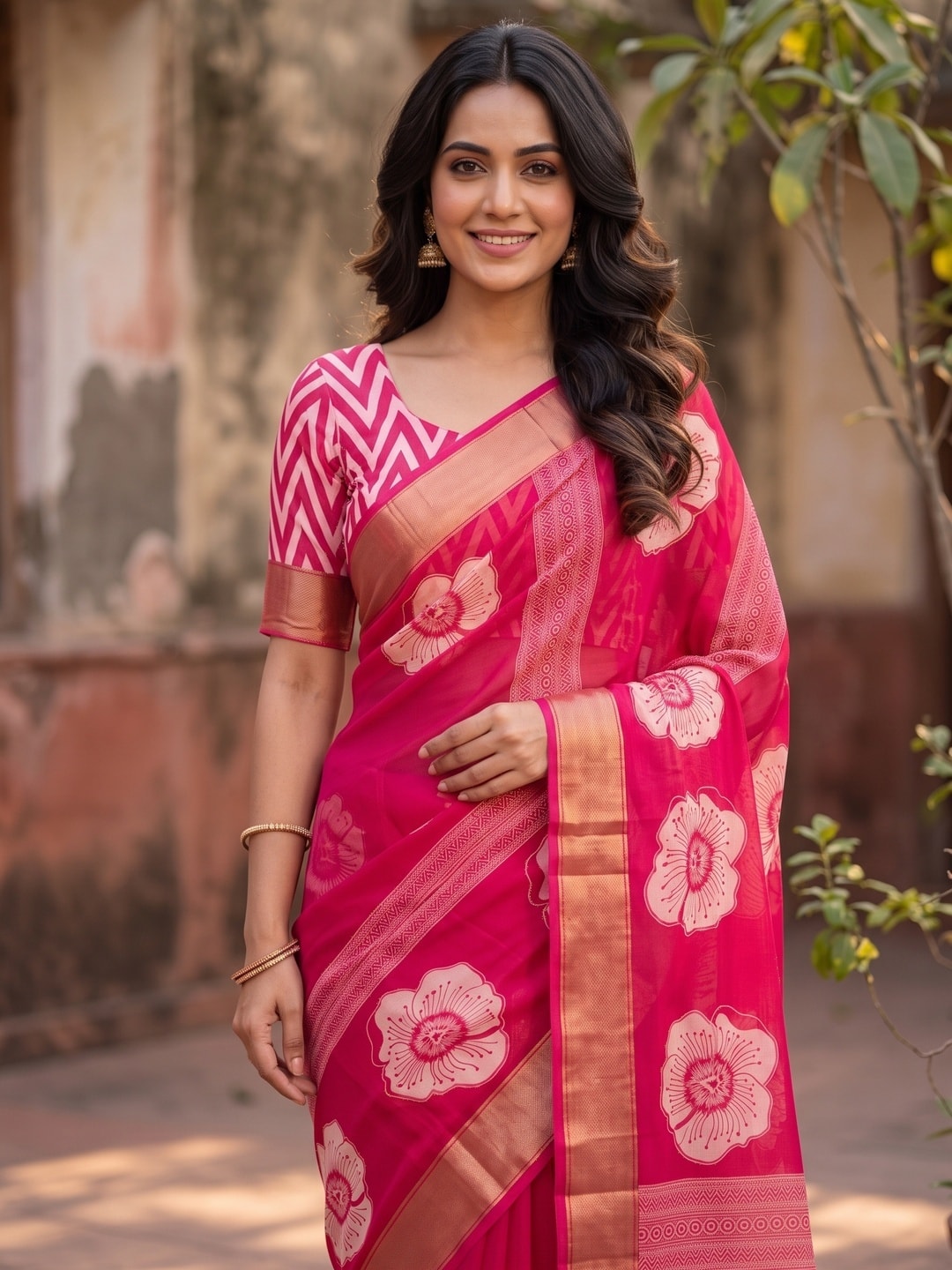 Peachmode Rani Pink Floral Moss Georgette Digital Printed Saree With Zari Border - Image 3