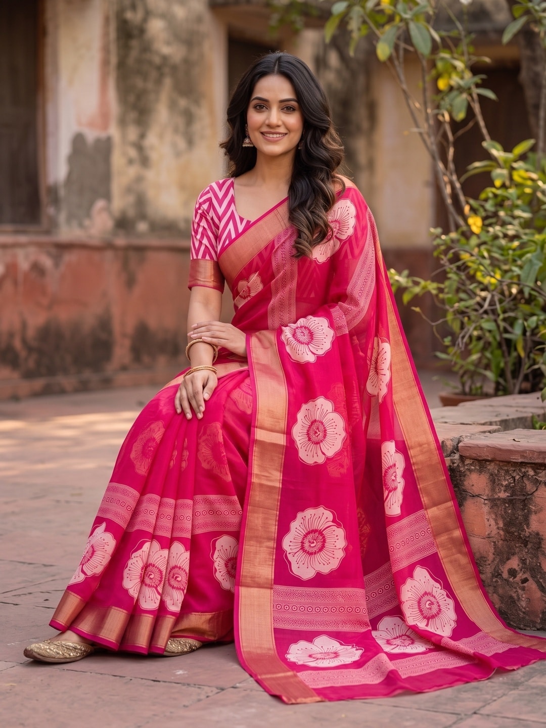 Peachmode Rani Pink Floral Moss Georgette Digital Printed Saree With Zari Border - Image 5