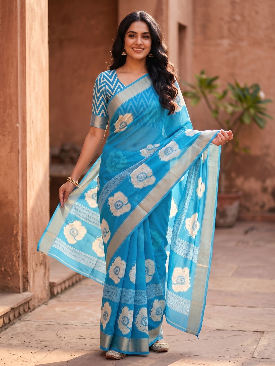 Peachmode Sky Blue Floral Moss Georgette Digital Printed Saree With Zari Border - Image 1