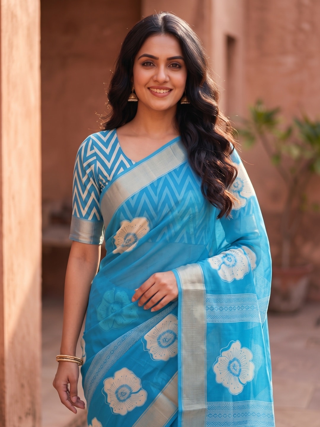 Peachmode Sky Blue Floral Moss Georgette Digital Printed Saree With Zari Border - Image 3