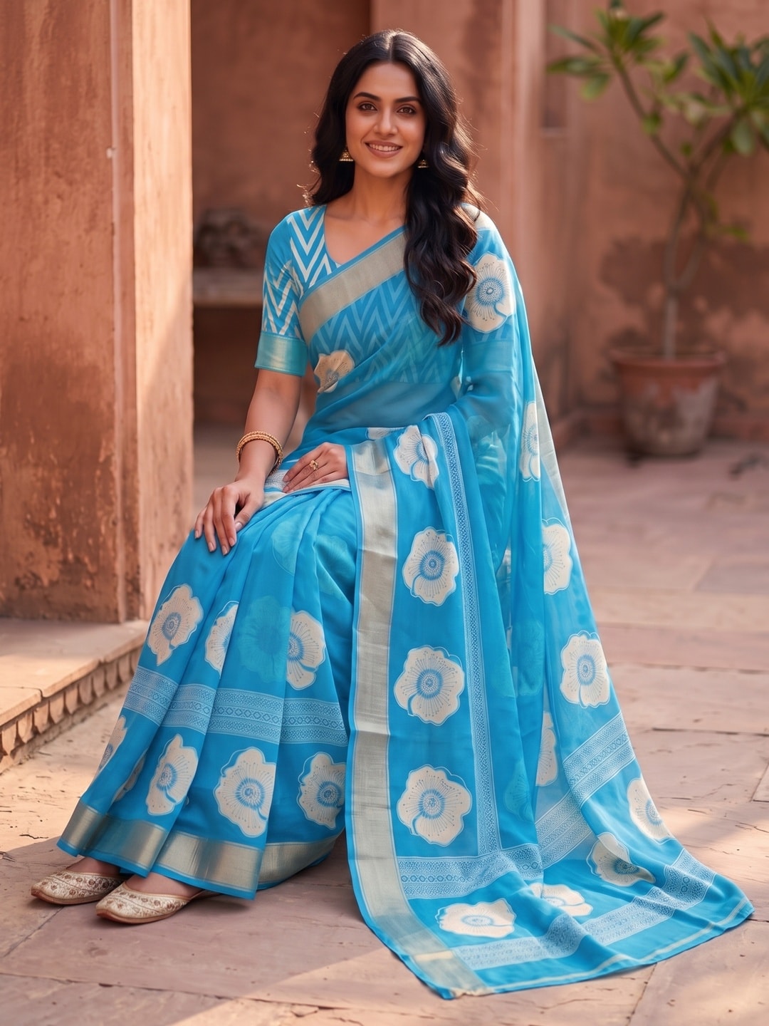 Peachmode Sky Blue Floral Moss Georgette Digital Printed Saree With Zari Border - Image 5
