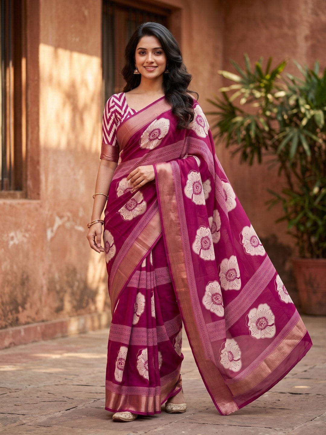 Peachmode Magenta Floral Moss Georgette Digital Printed Saree With Zari Border - Image 1