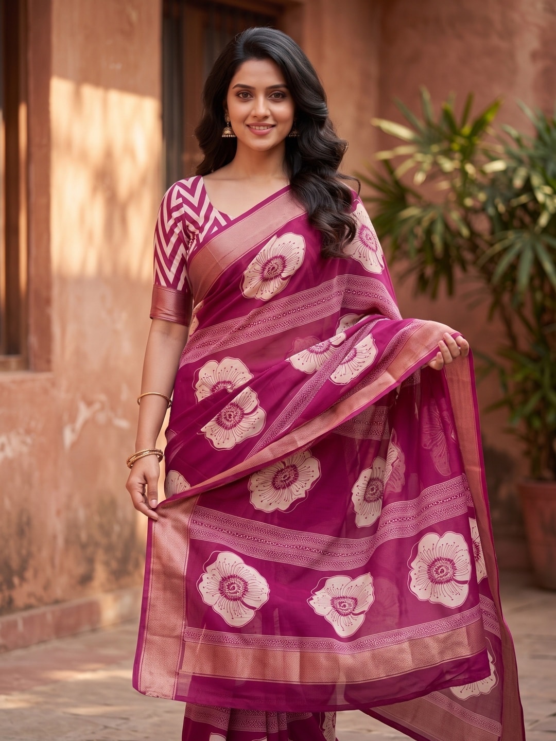 Peachmode Magenta Floral Moss Georgette Digital Printed Saree With Zari Border - Image 3