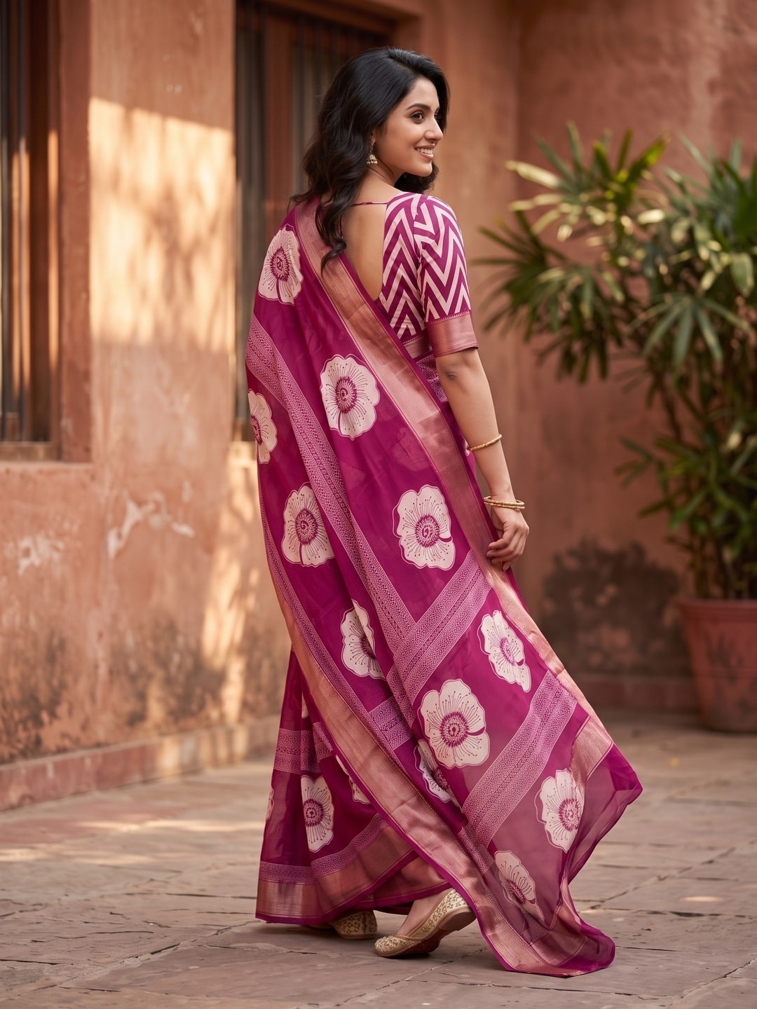 Peachmode Magenta Floral Moss Georgette Digital Printed Saree With Zari Border - Image 4