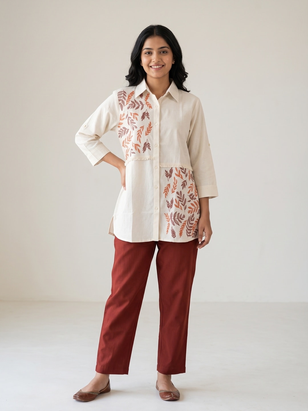 Peachmode Off White Cotton Flex Embroidered Shirt Co-ord Set with Rust Pants - Image 1