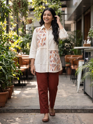 Peachmode Off White Cotton Flex Embroidered Shirt Co-ord Set with Rust Pants - Image 2