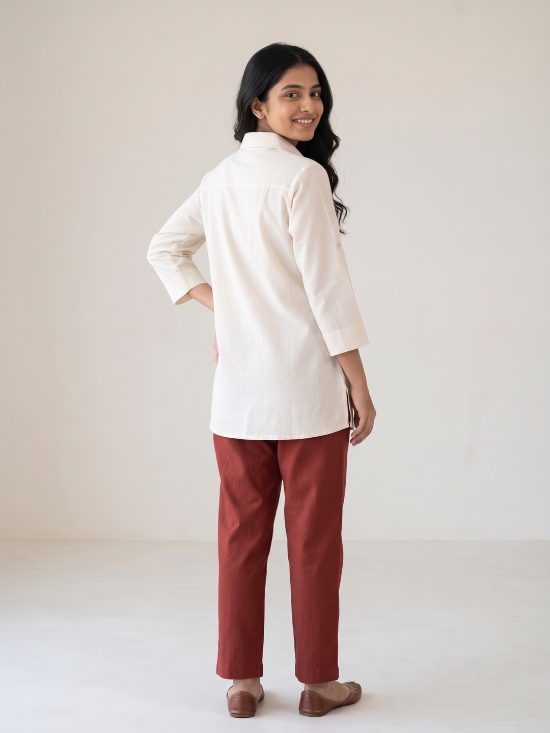 Peachmode Off White Cotton Flex Embroidered Shirt Co-ord Set with Rust Pants - Image 4
