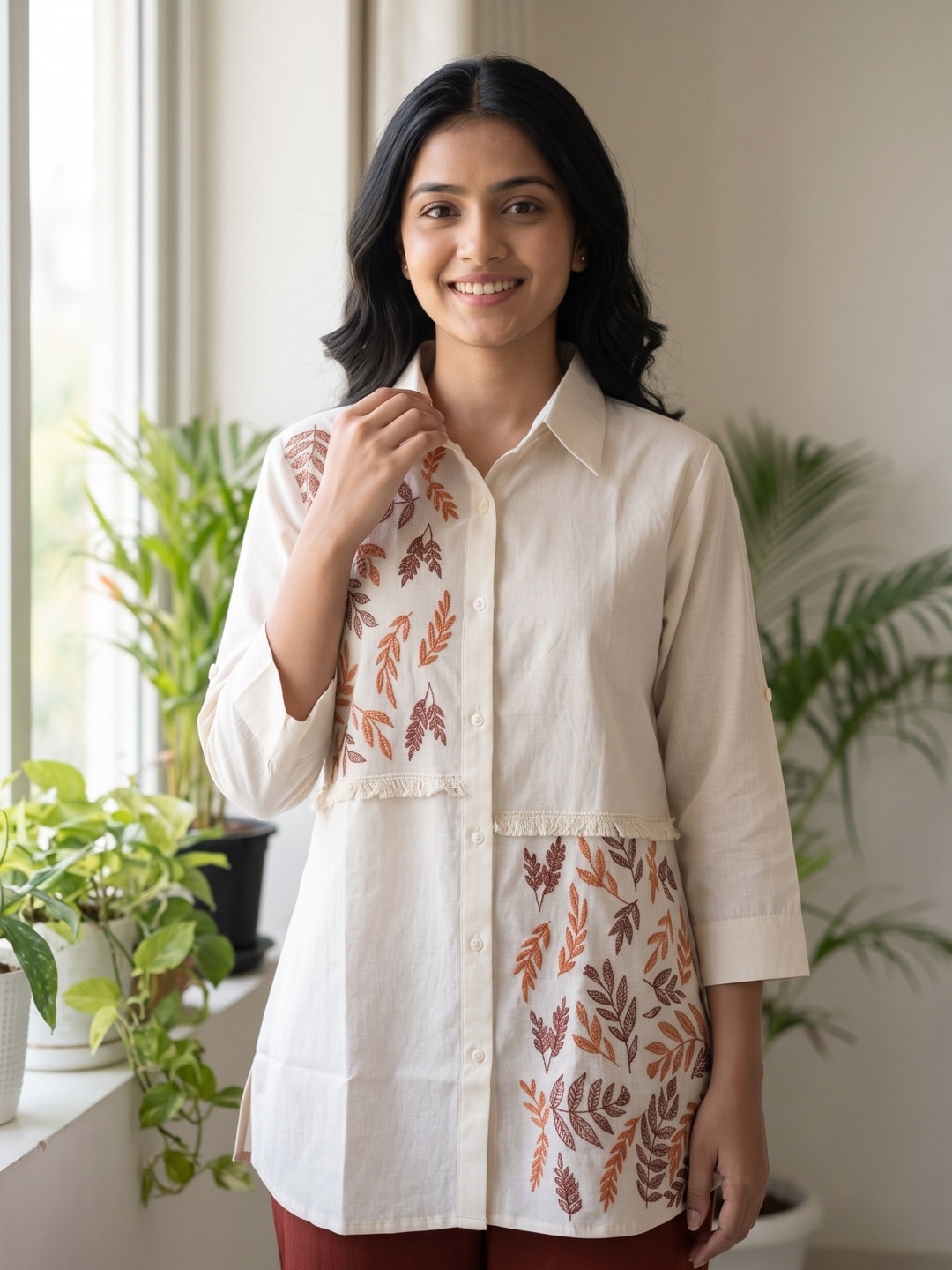 Peachmode Off White Cotton Flex Embroidered Shirt Co-ord Set with Rust Pants - Image 5