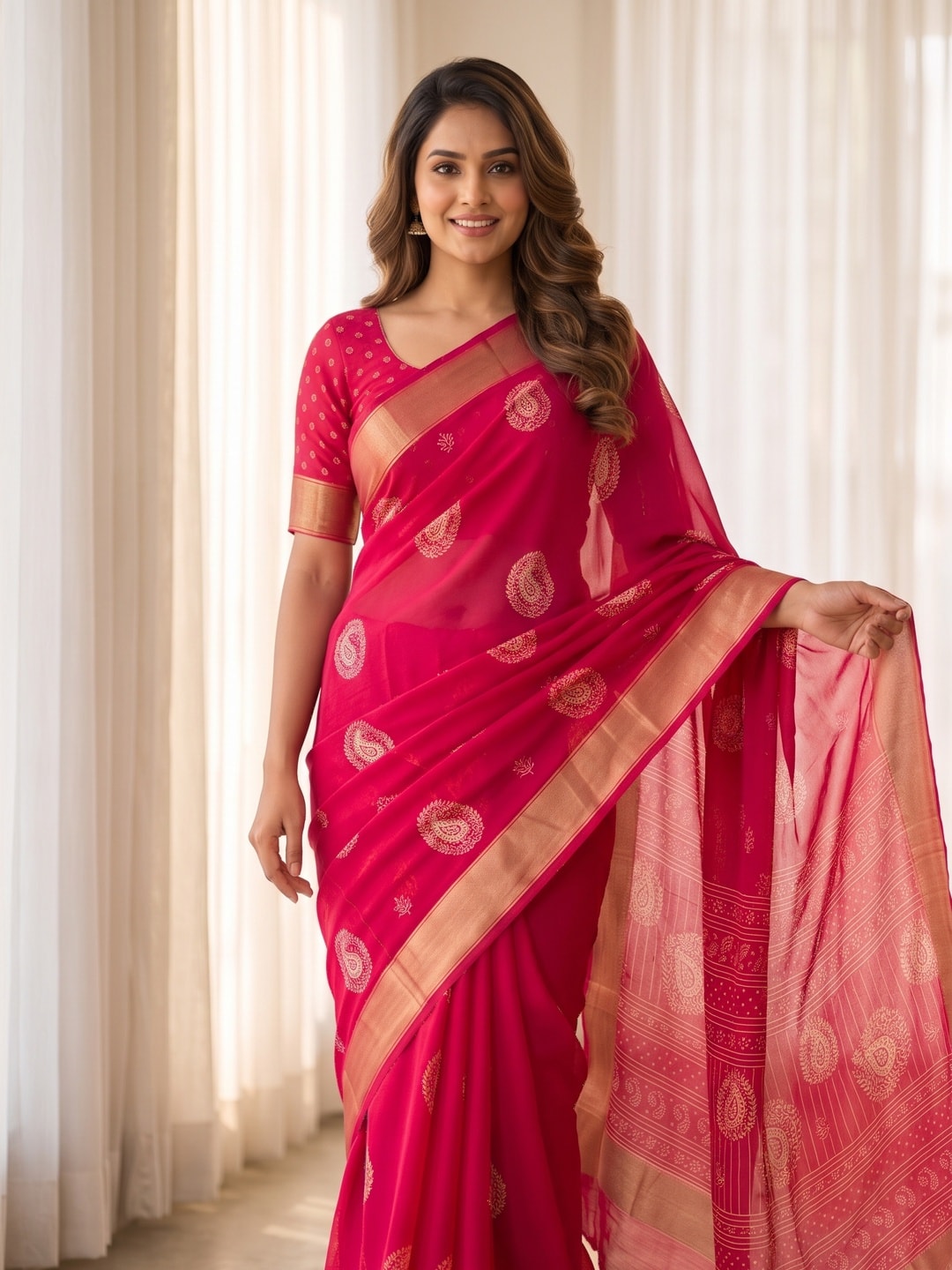 Peachmode Rani Pink Paisley Moss Georgette Digital Printed Saree With Zari Border - Image 3