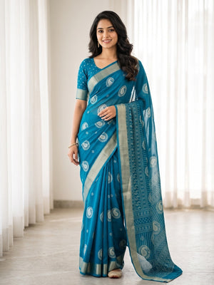 Peachmode Blue Paisley Moss Georgette Digital Printed Saree With Zari Border - Image 1