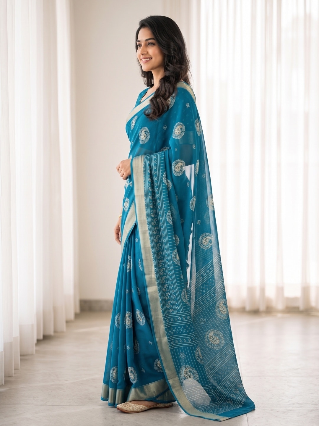 Peachmode Blue Paisley Moss Georgette Digital Printed Saree With Zari Border - Image 2