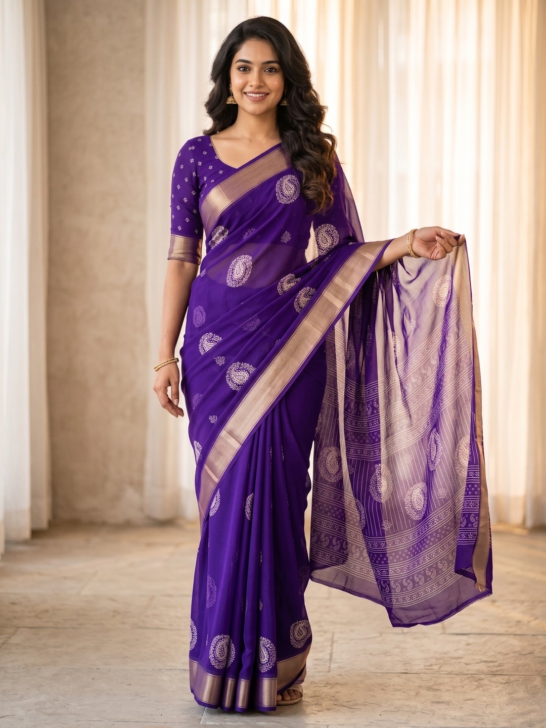 Peachmode Purple Paisley Moss Georgette Digital Printed Saree With Zari Border - Image 1