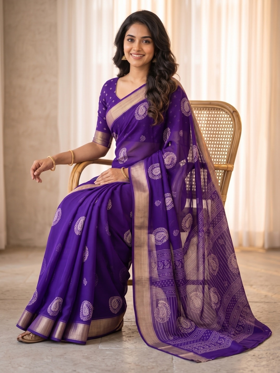 Peachmode Purple Paisley Moss Georgette Digital Printed Saree With Zari Border - Image 5