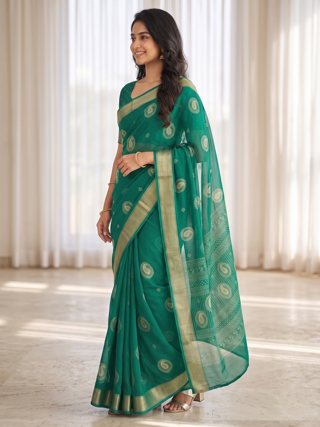 Peachmode Green Paisley Moss Georgette Digital Printed Saree With Zari Border - Image 2