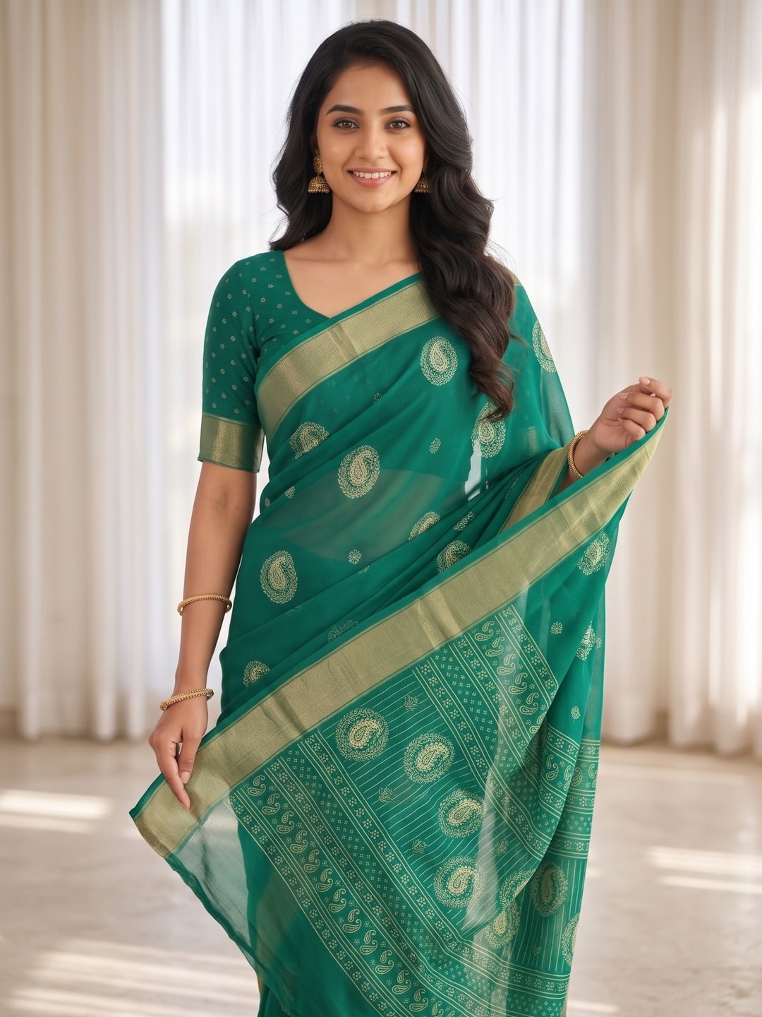 Peachmode Green Paisley Moss Georgette Digital Printed Saree With Zari Border - Image 3