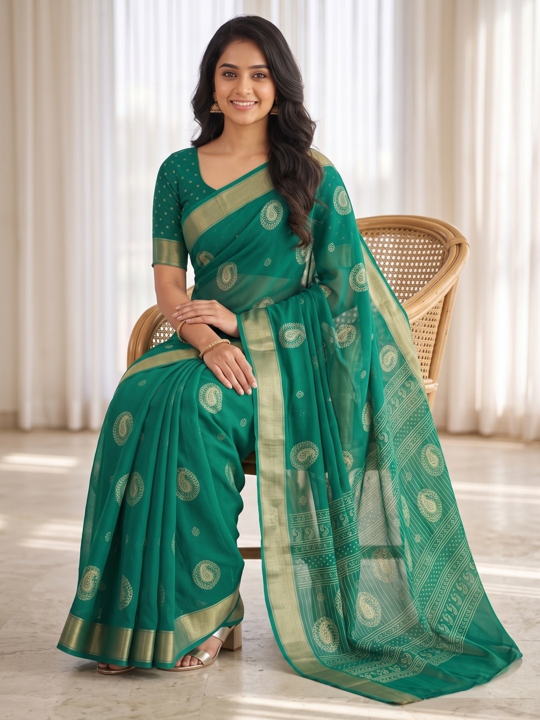 Peachmode Green Paisley Moss Georgette Digital Printed Saree With Zari Border - Image 5
