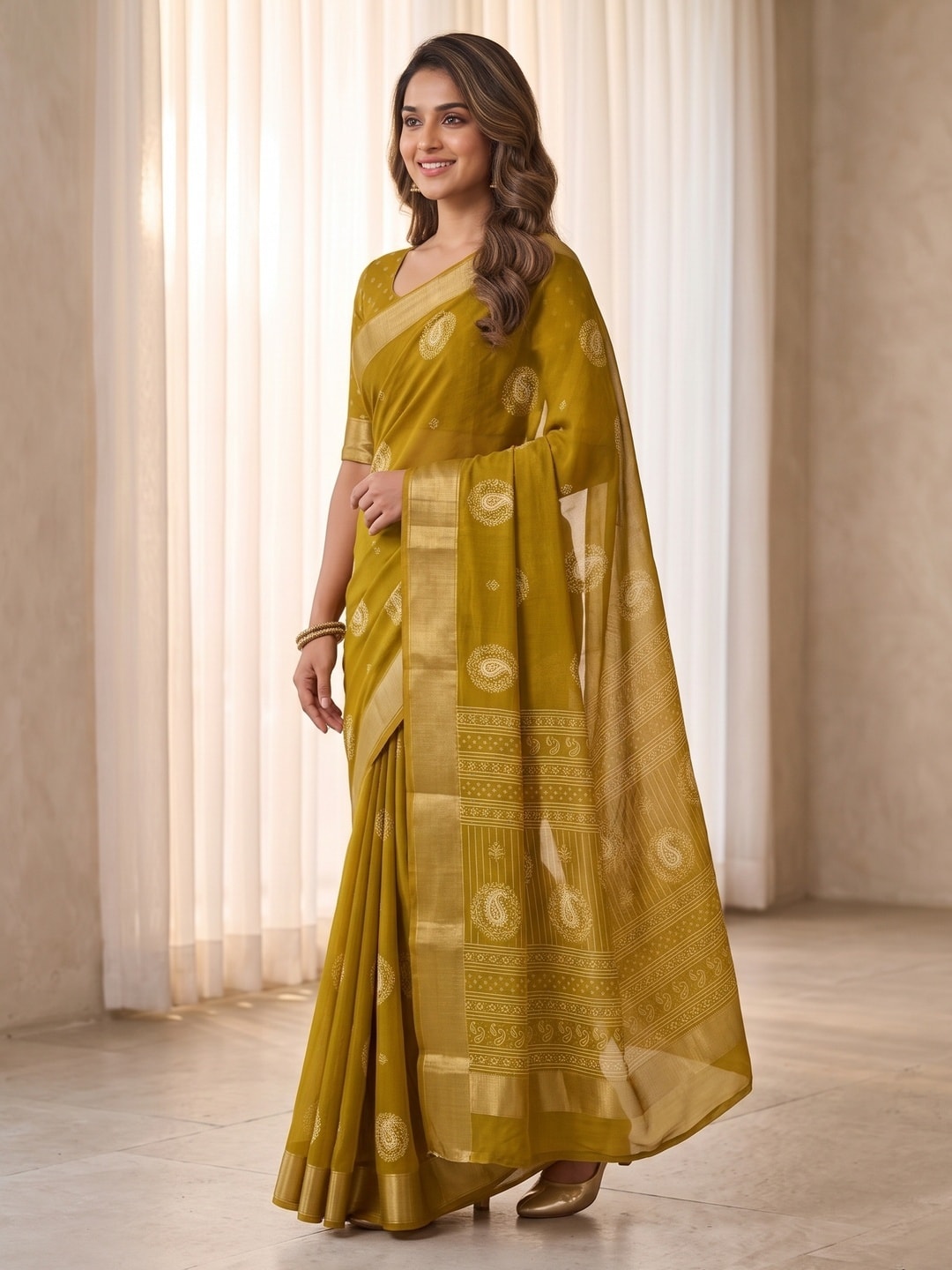 Peachmode Mustard Paisley Moss Georgette Digital Printed Saree With Zari Border - Image 2