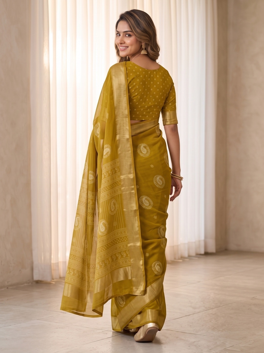 Peachmode Mustard Paisley Moss Georgette Digital Printed Saree With Zari Border - Image 4
