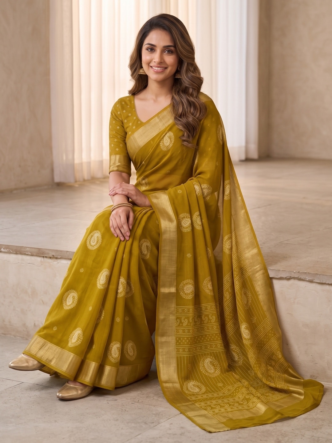 Peachmode Mustard Paisley Moss Georgette Digital Printed Saree With Zari Border - Image 5