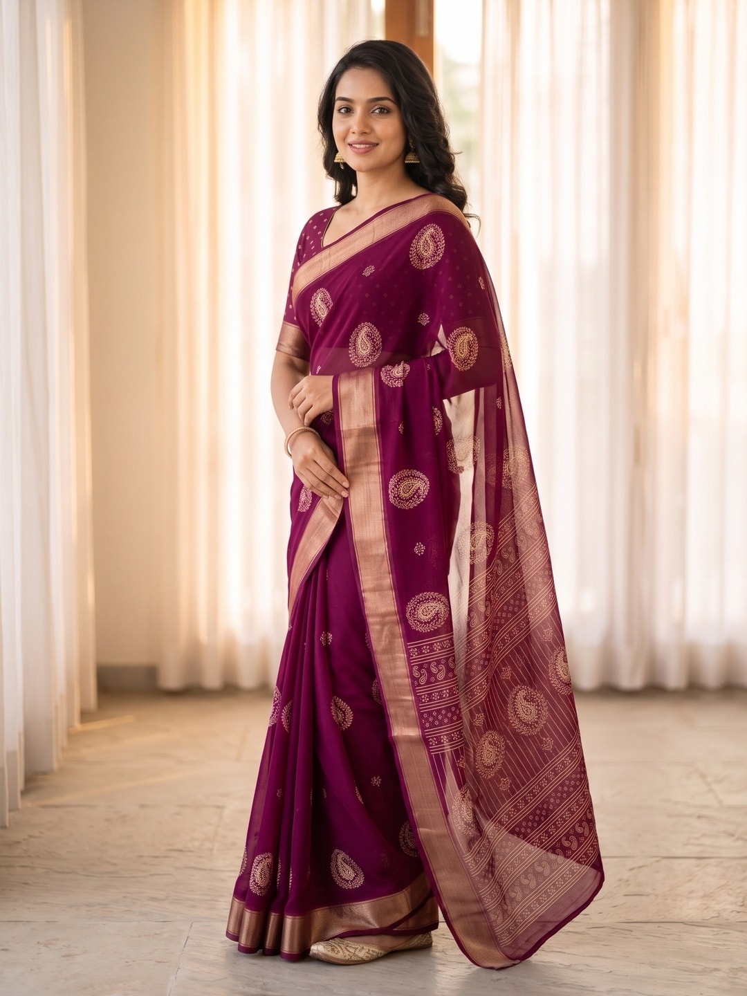 Peachmode Wine Paisley Moss Georgette Digital Printed Saree With Zari Border - Image 2