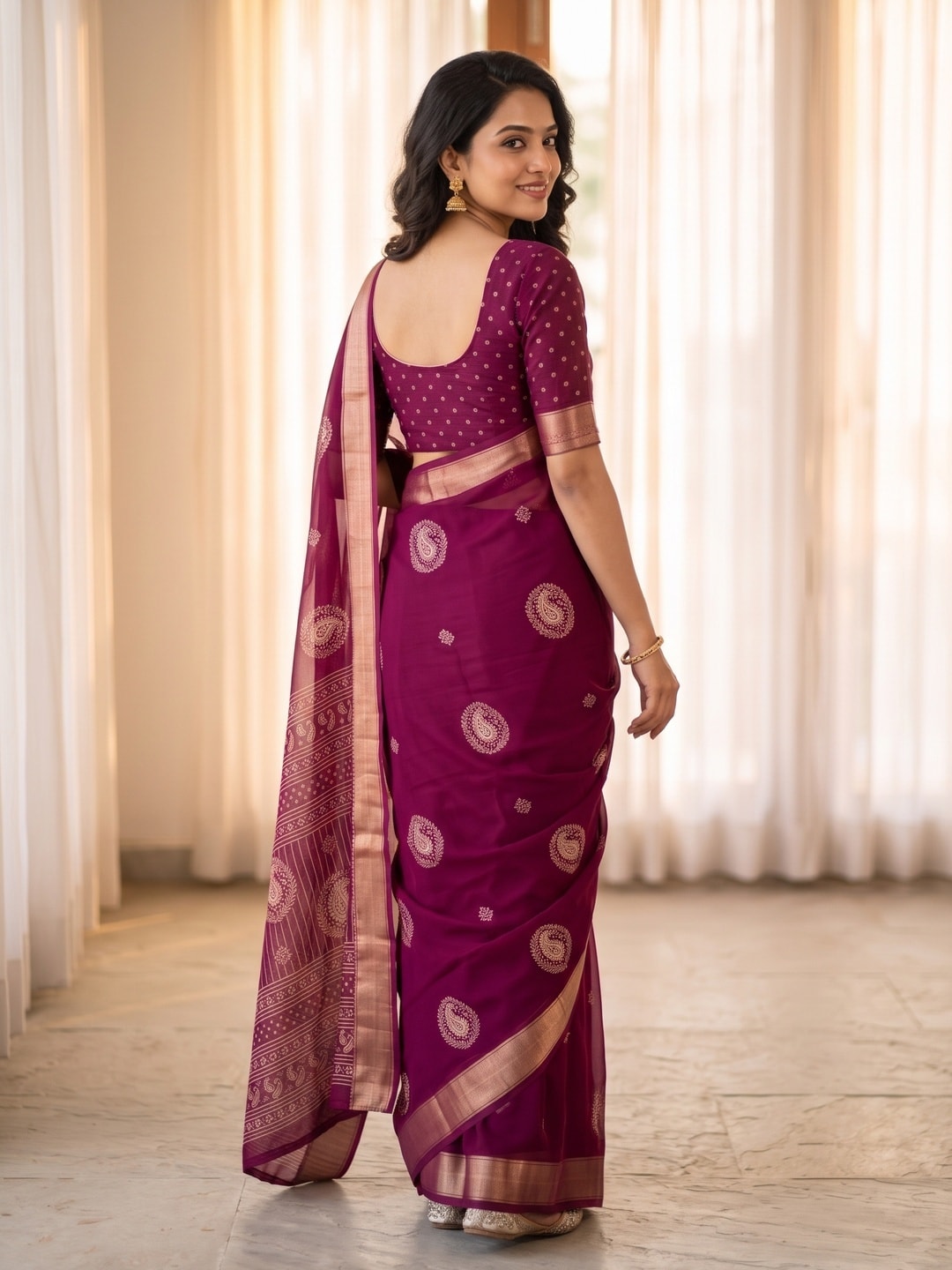 Peachmode Wine Paisley Moss Georgette Digital Printed Saree With Zari Border - Image 4