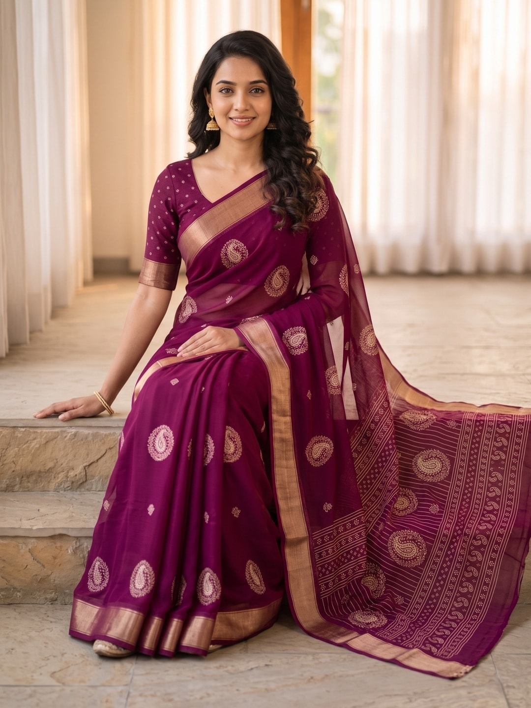 Peachmode Wine Paisley Moss Georgette Digital Printed Saree With Zari Border - Image 5