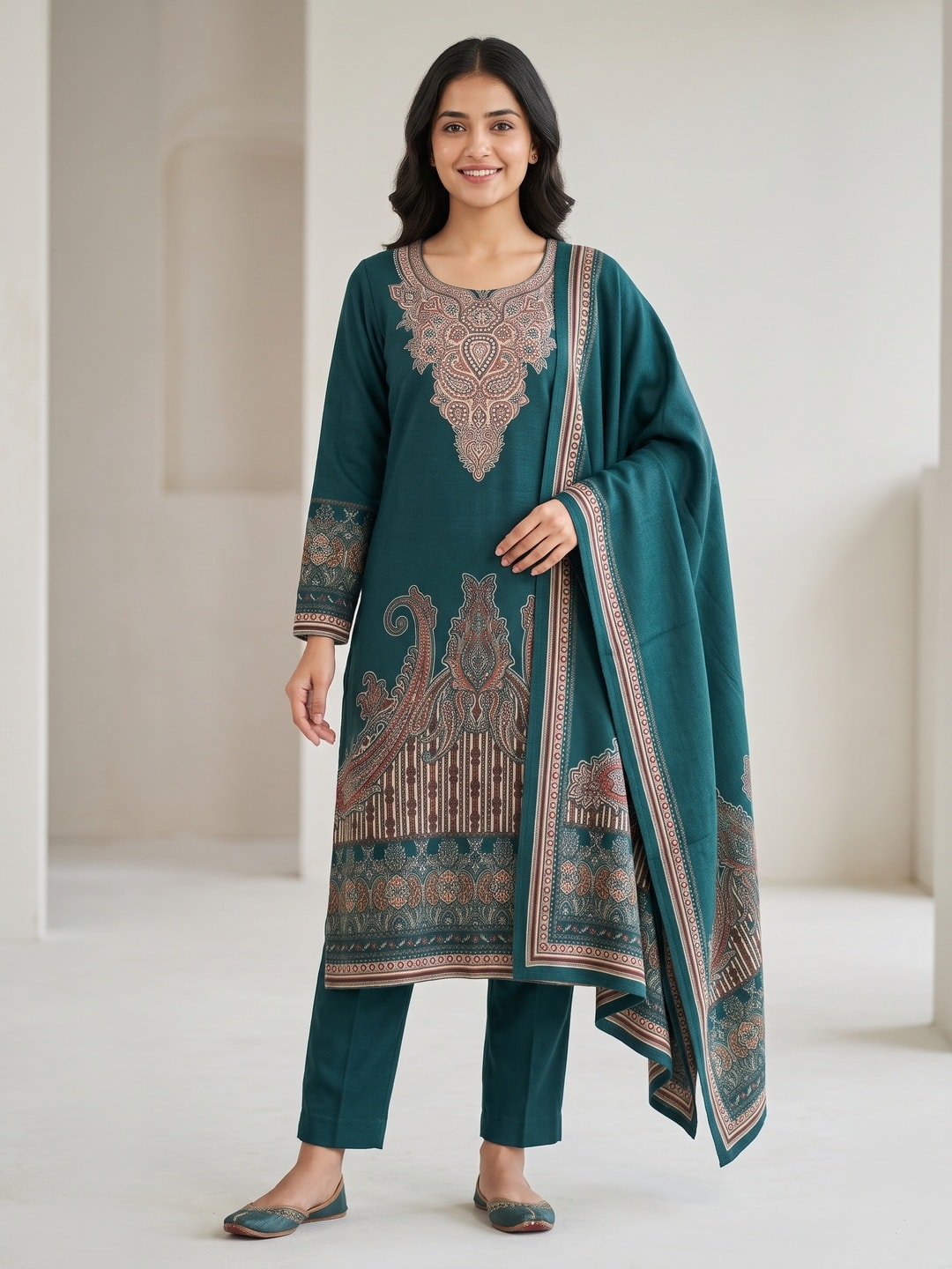Peachmode Teal Woolen Printed Salwar Suit with Paisley Yoke and Shawl Dupatta - Image 1