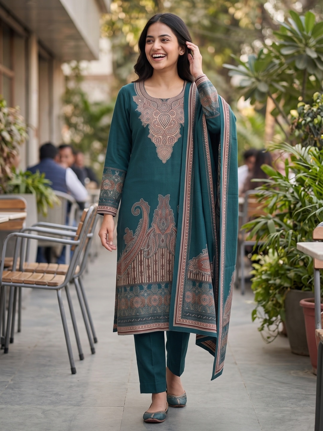 Peachmode Teal Woolen Printed Salwar Suit with Paisley Yoke and Shawl Dupatta - Image 2