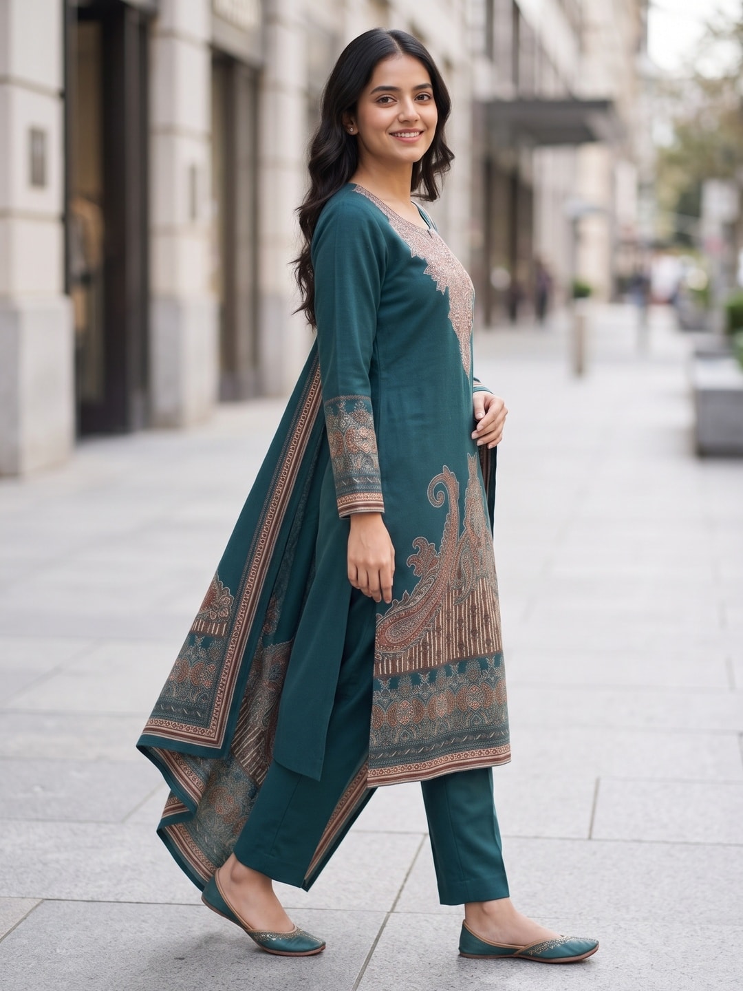Peachmode Teal Woolen Printed Salwar Suit with Paisley Yoke and Shawl Dupatta - Image 3