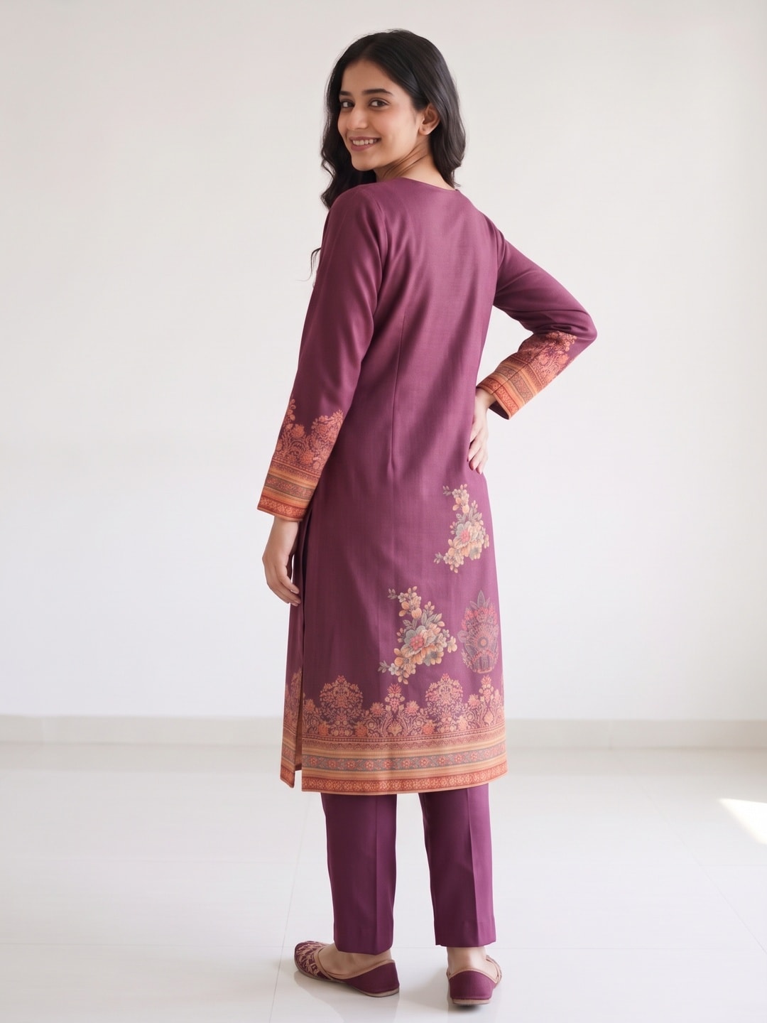 Peachmode Wine Woolen Floral Print Salwar Suit with Printed Dupatta - Image 4