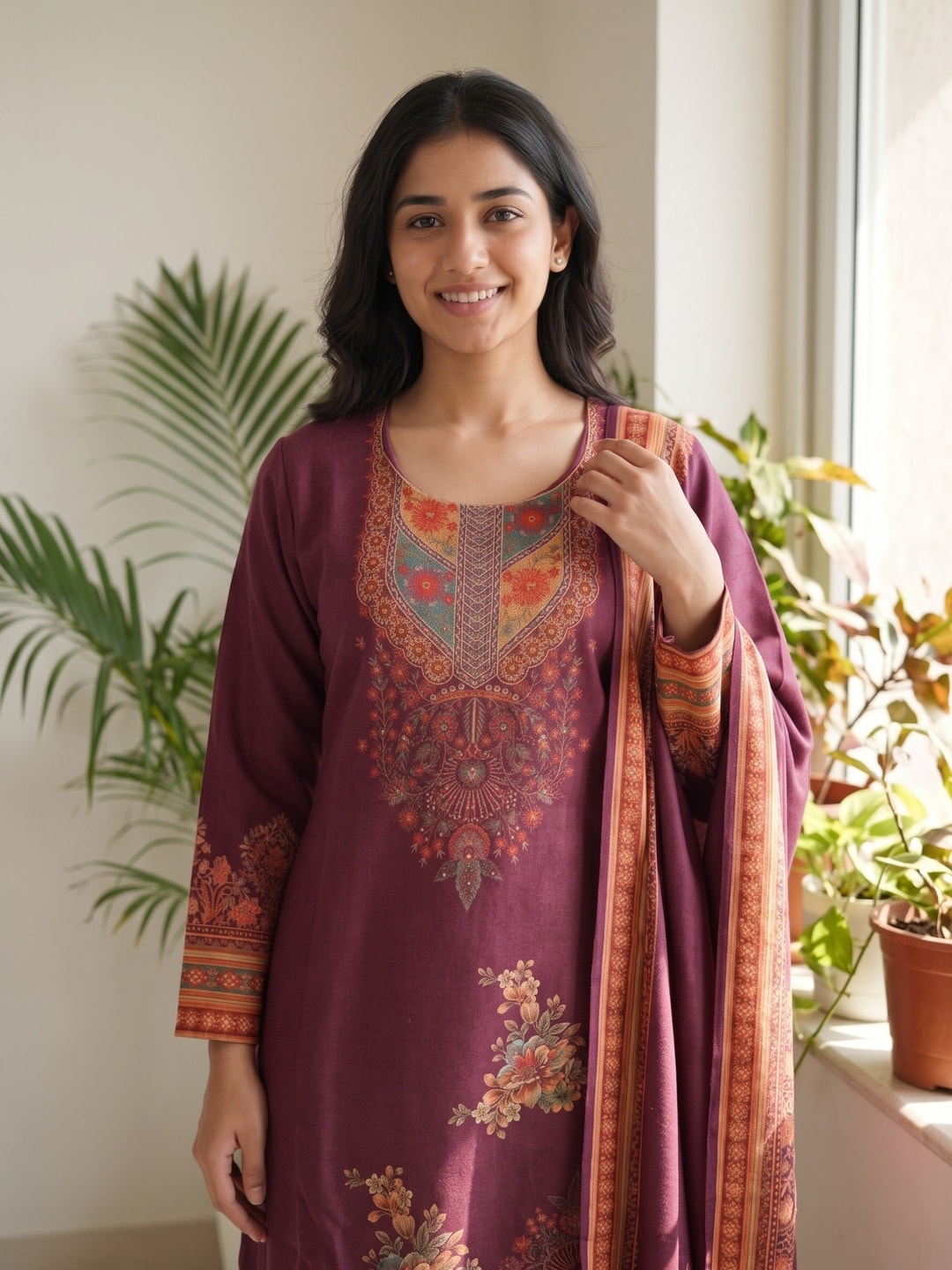 Peachmode Wine Woolen Floral Print Salwar Suit with Printed Dupatta - Image 5