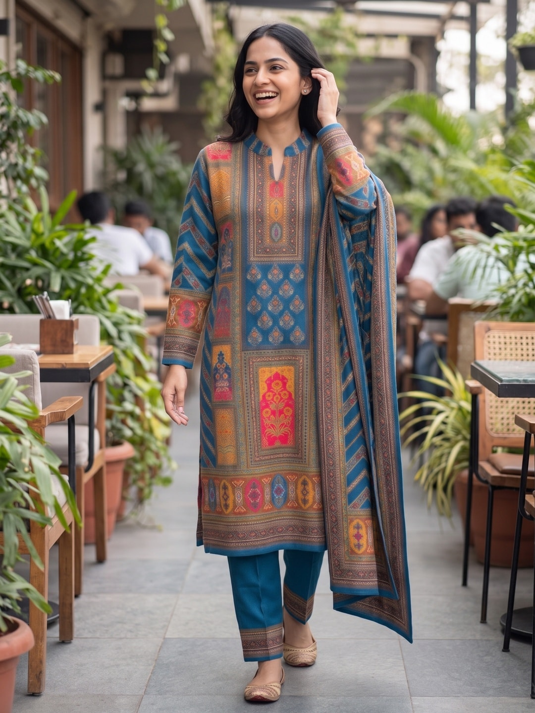 Peachmode Peacock Blue Woolen Patchwork Print Salwar Suit with Dupatta - Image 2