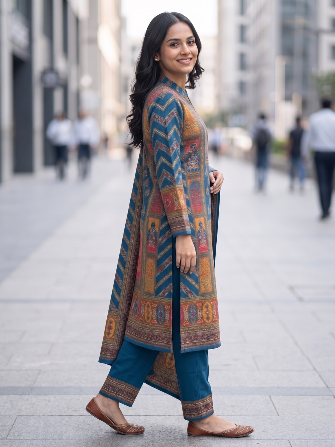 Peachmode Peacock Blue Woolen Patchwork Print Salwar Suit with Dupatta - Image 3